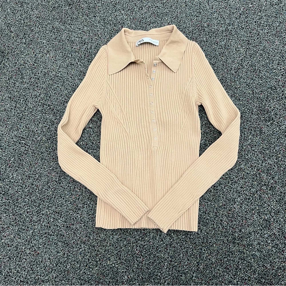 ZARA Beige Ribbed Collared Long-Sleeve Modest Shirt Top Sweater Silver Snaps M - Picture 4 of 12